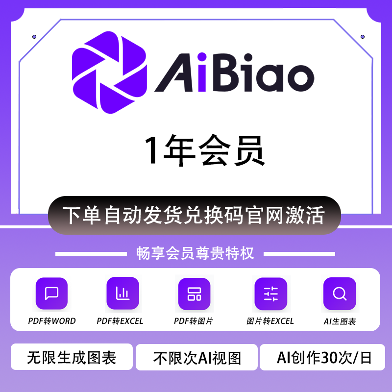 【官方卡密】AiBiao.COM文本转图表可视化会员『12个月』限价79.2元